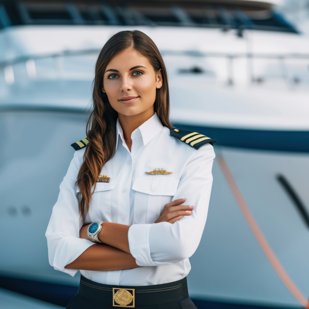 Image of a young, smiling yacht crew member standing on deck, holding a passport and health insurance document, with a luxury yacht marina in the background.