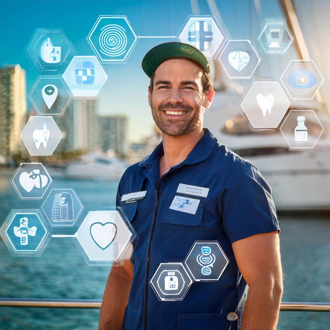 Yacht crew member smiling while docked in Miami marina with healthcare icons overlayed.